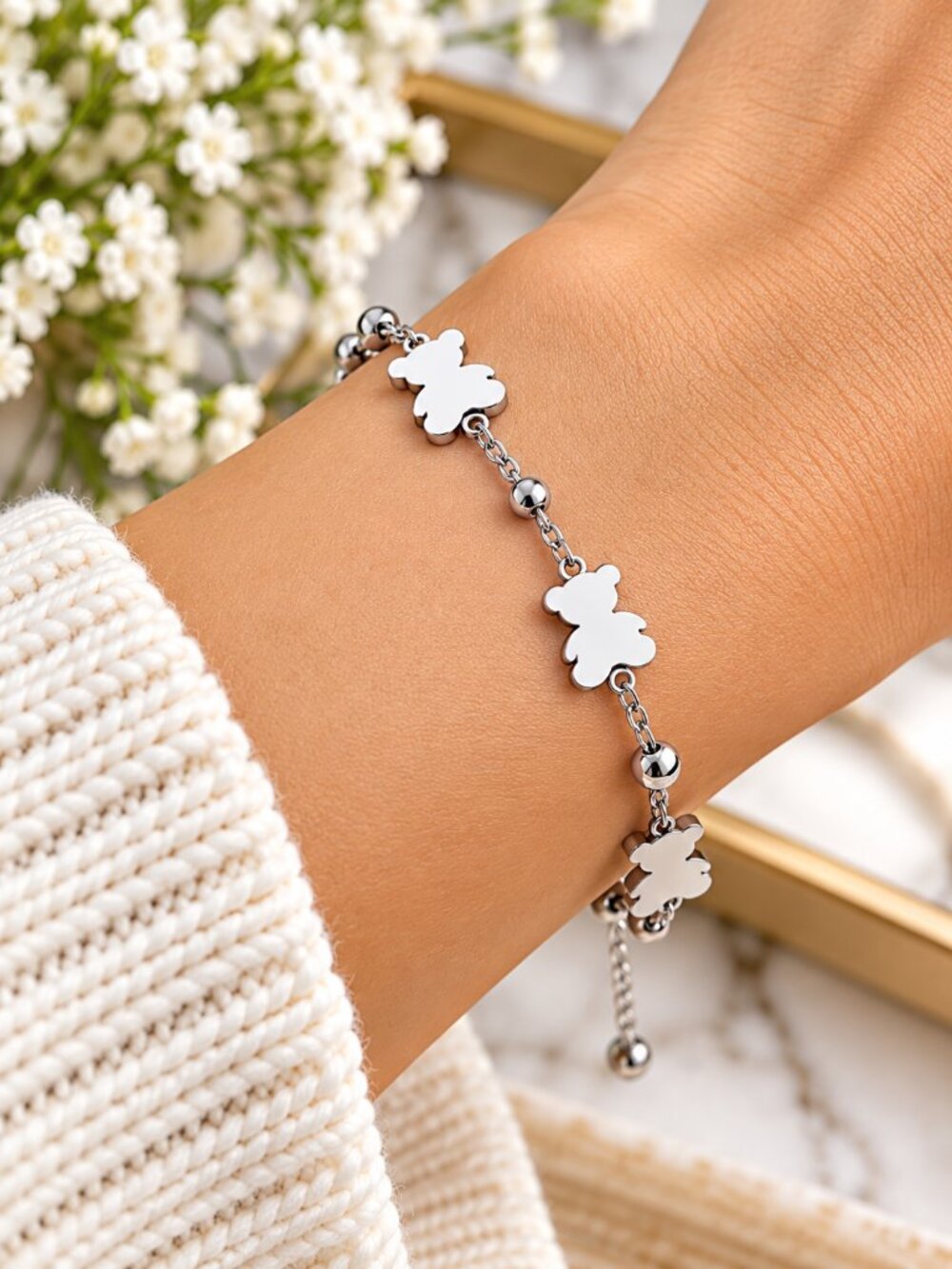 Teddy Bear Charm Bracelet 316L Stainless Steel Silver NWT